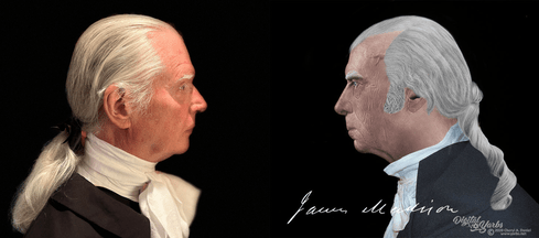 A historical bust depicting a man with long, tied-back white hair, showcasing detailed facial features and attire from the 18th century, alongside a digitally rendered profile.